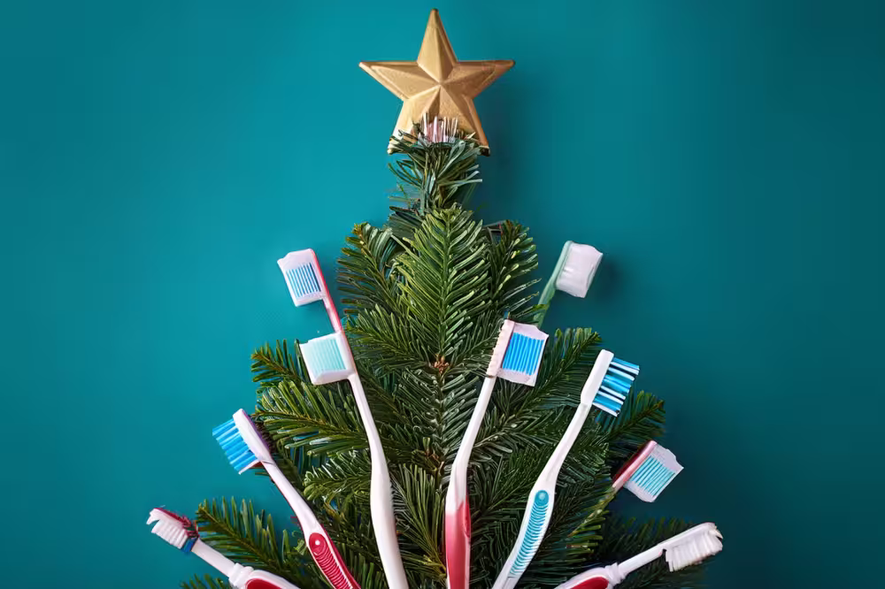 christmas tree decorated with toothbrushes